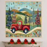 Festive Red Truck Carrying Decorated Christmas Trees Across Rolling Hills Under a Starry Winter Sky on Ready to Hang 1.5" Thick Canvas Wrap, Floating Framed Canvas, Flat Rolled Canvas